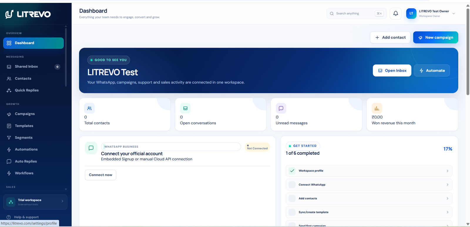 Real LITREVO workspace dashboard