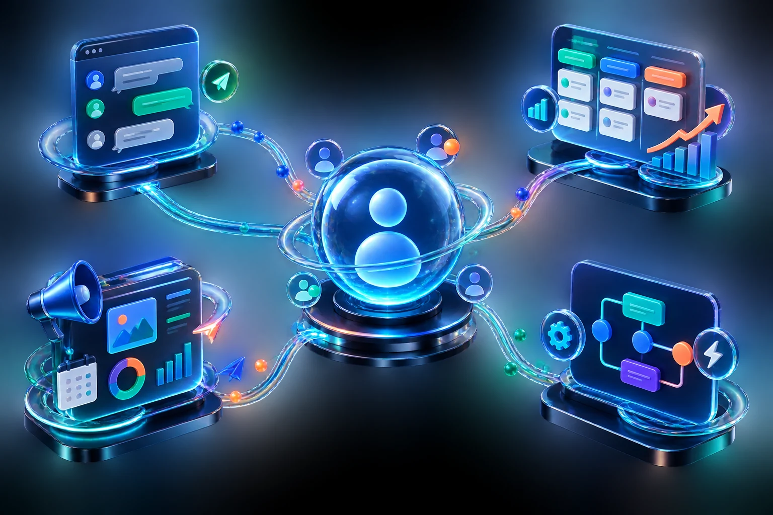 3D visualization of the connected LITREVO customer growth ecosystem